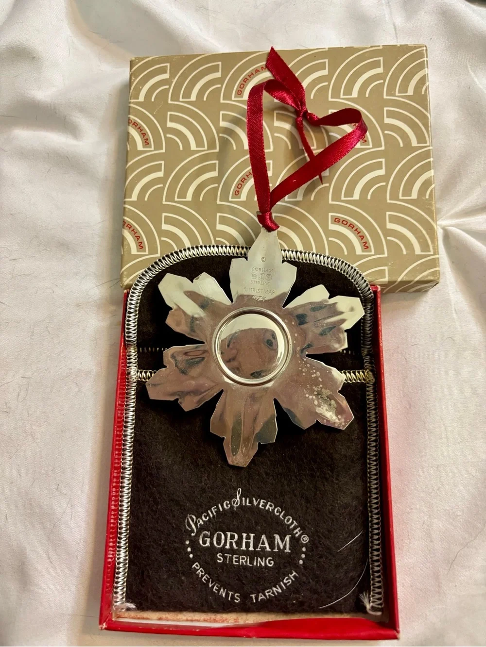 Gorham Sterling Silver Snowflake Holiday Ornament with Red Ribbon